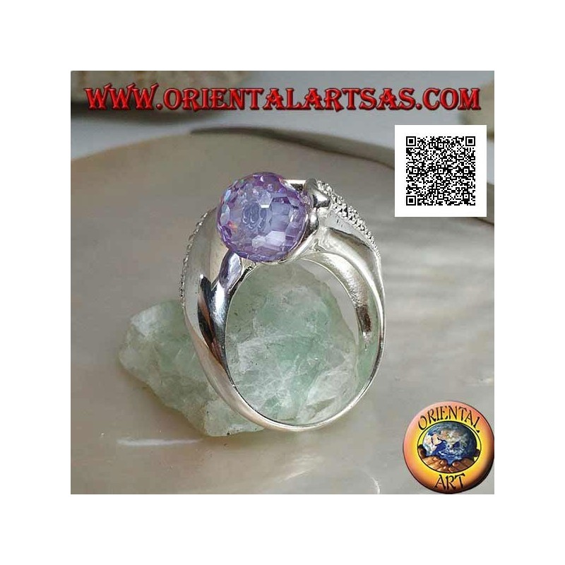 Anello in argento rodiato a due braccia con due sfere di zircone color ametista sfaccettato