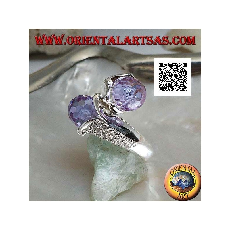 Anillo de plata rodiada de dos brazos con dos esferas facetadas de circonita amatista