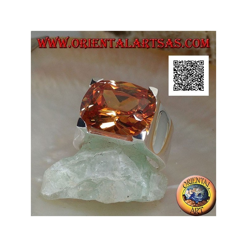 Rhodium silver ring with transverse oval champagne zircon set in a rectangle