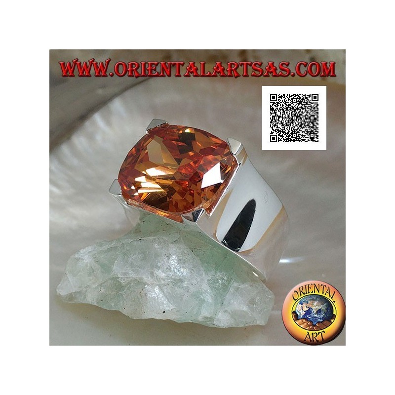 Rhodium silver ring with transverse oval champagne zircon set in a rectangle