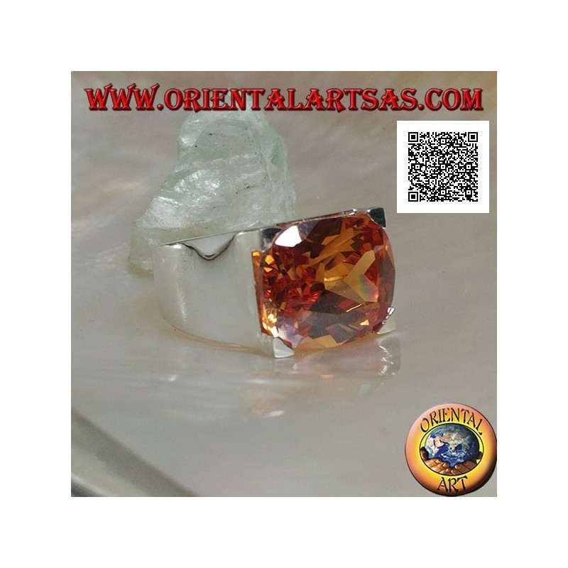 Rhodium silver ring with transverse oval champagne zircon set in a rectangle