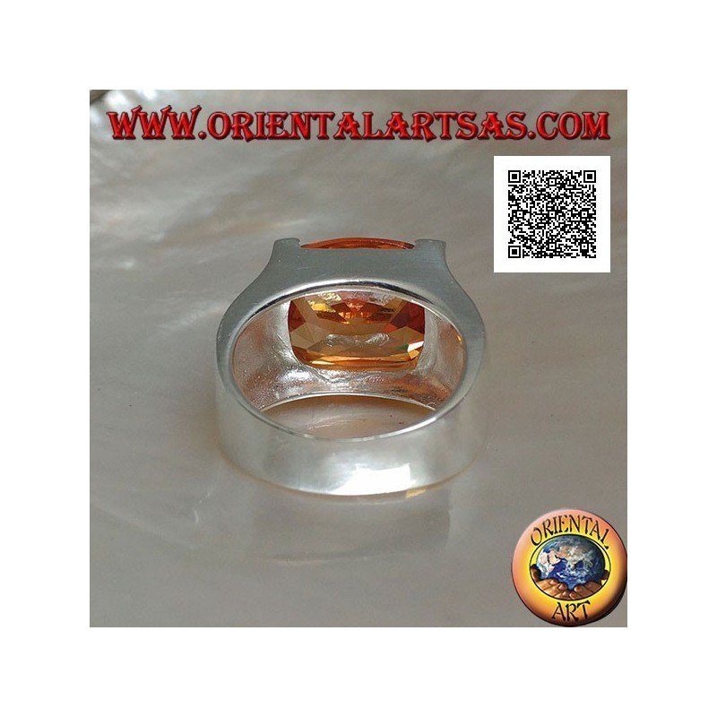 Rhodium silver ring with transverse oval champagne zircon set in a rectangle