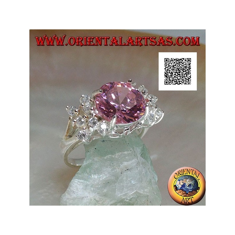 Anillo de plata rodiada con circonita redonda facetada rosa con circonitas blancas laterales