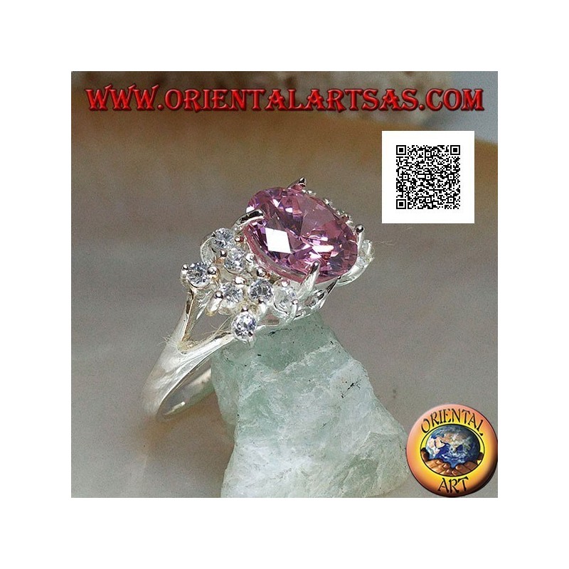Bague en argent rhodié avec zircon rond facetté rose avec zircons blancs sur les côtés