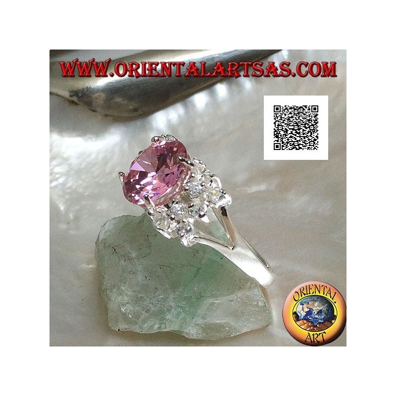 Rhodiumsilberring mit rosa rundem facettiertem Zirkon mit seitlichen weißen Zirkonen