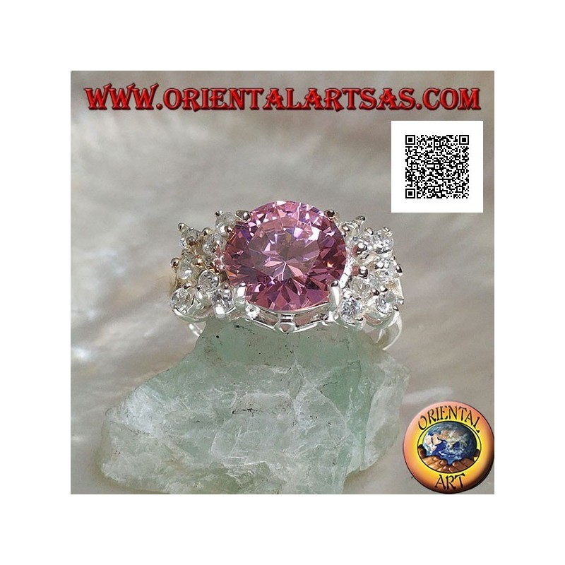 Rhodiumsilberring mit rosa rundem facettiertem Zirkon mit seitlichen weißen Zirkonen
