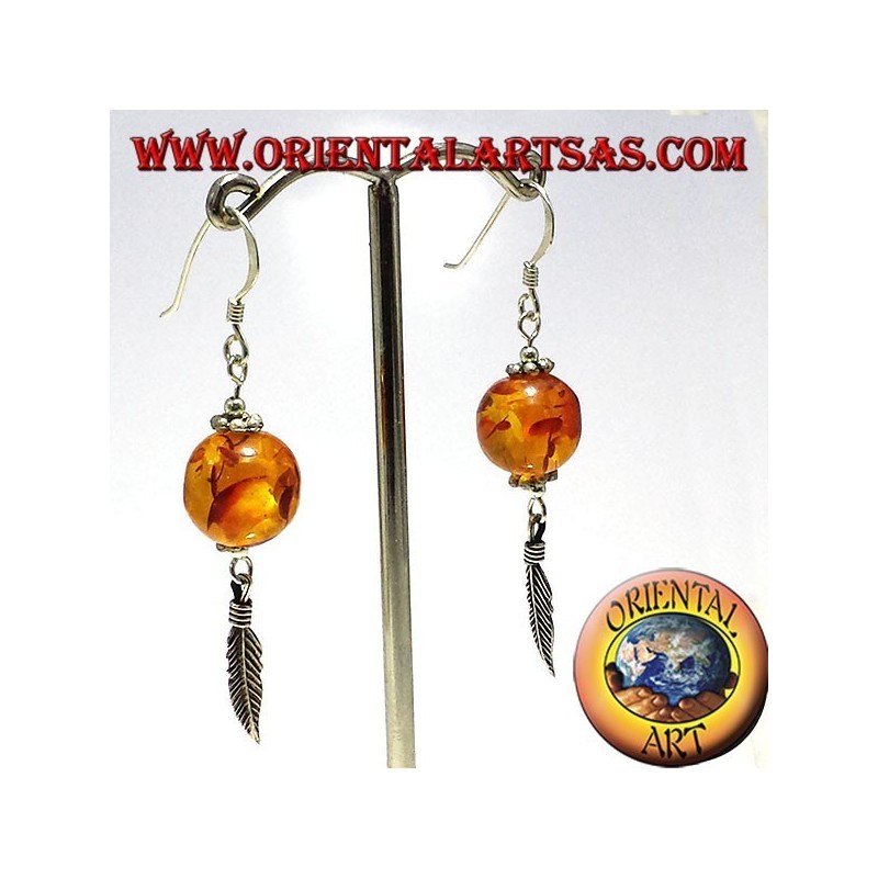 orecchini sfera in Ambra con piuma in argento