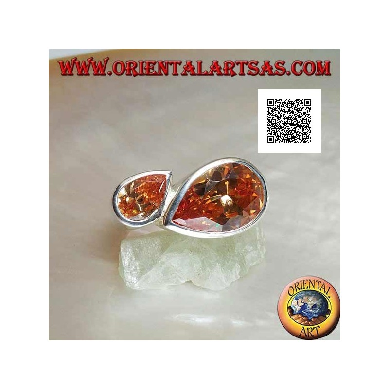 Anello in argento rodiato con doppia goccia speculare di zirconi champagne sfaccettati