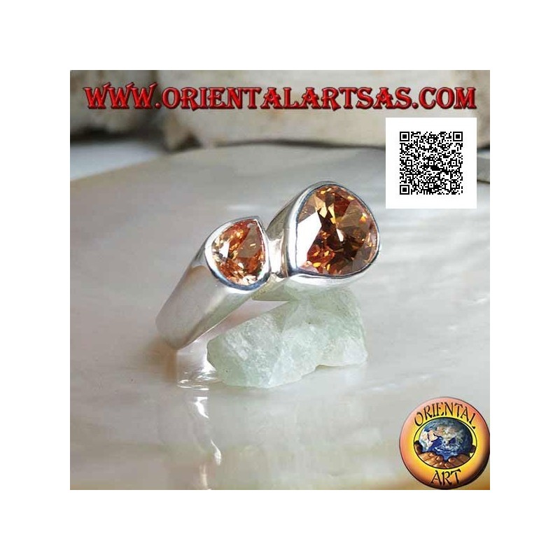 Rhodium silver ring with double specular drop of faceted champagne zircons