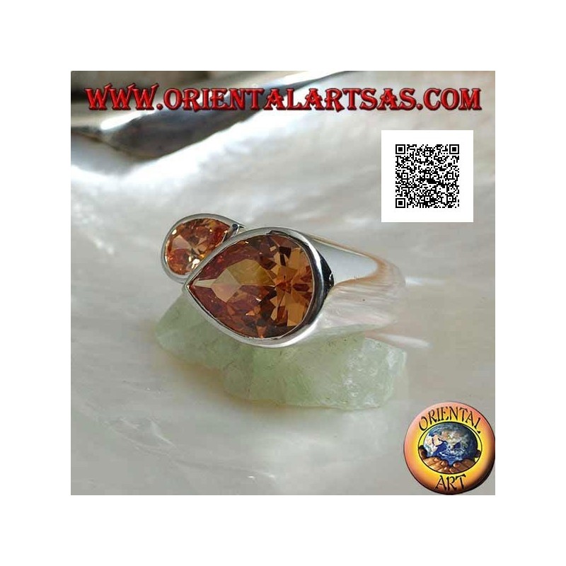 Rhodiumsilberring mit doppeltem spiegelnden Tropfen facettierter Champagnerzirkone