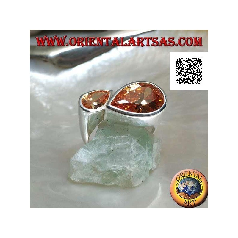 Rhodium silver ring with double specular drop of faceted champagne zircons