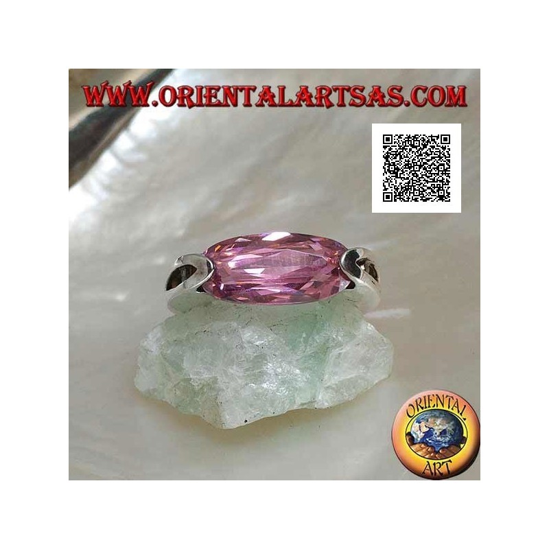 Rhodiumsilberring mit schmalem, ovalem, pinkfarbenem, facettiertem Zirkon an der Seite