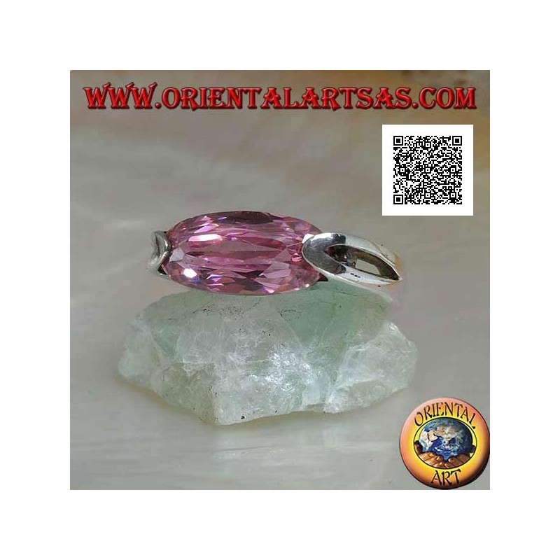 Anello in argento rodiato con zircone ovale stretto rosa sfaccettato agganciato lateralmente