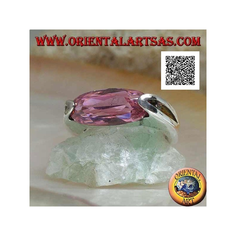 Rhodiumsilberring mit schmalem, ovalem, pinkfarbenem, facettiertem Zirkon an der Seite