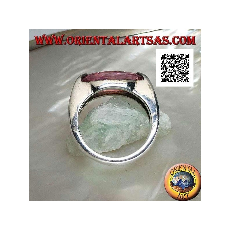 Rhodiumsilberring mit schmalem, ovalem, pinkfarbenem, facettiertem Zirkon an der Seite