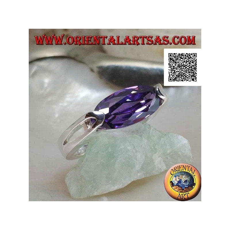 Anello in argento rodiato con zircone ametista ovale stretto sfaccettato agganciato lateralmente