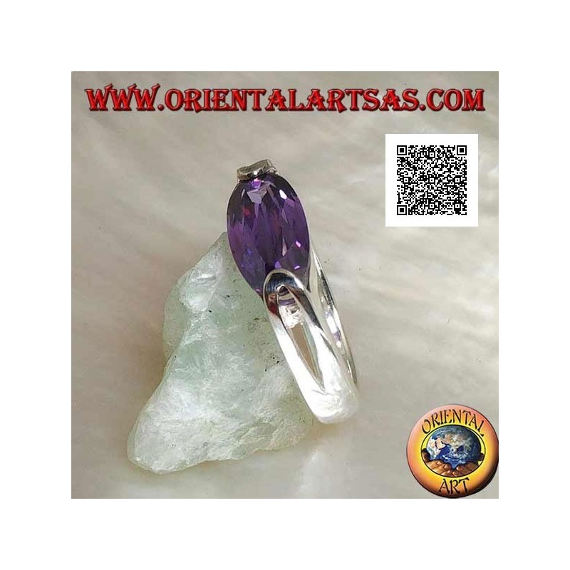 Rhodium silver ring with narrow oval faceted amethyst zircon hooked on the side