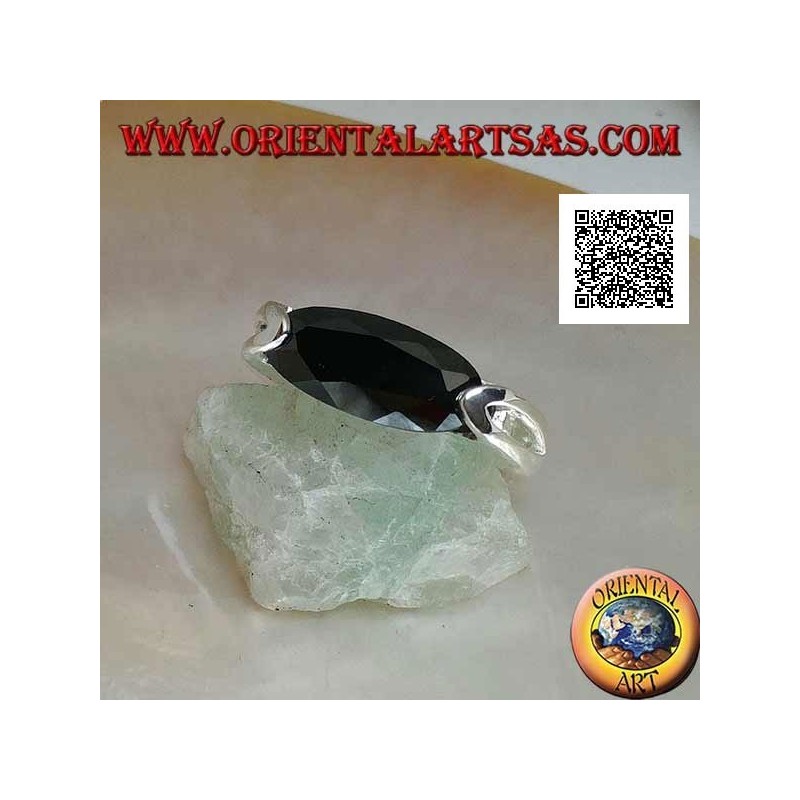 Rhodium-plated silver ring with narrow oval faceted spinel zircon hooked on the side