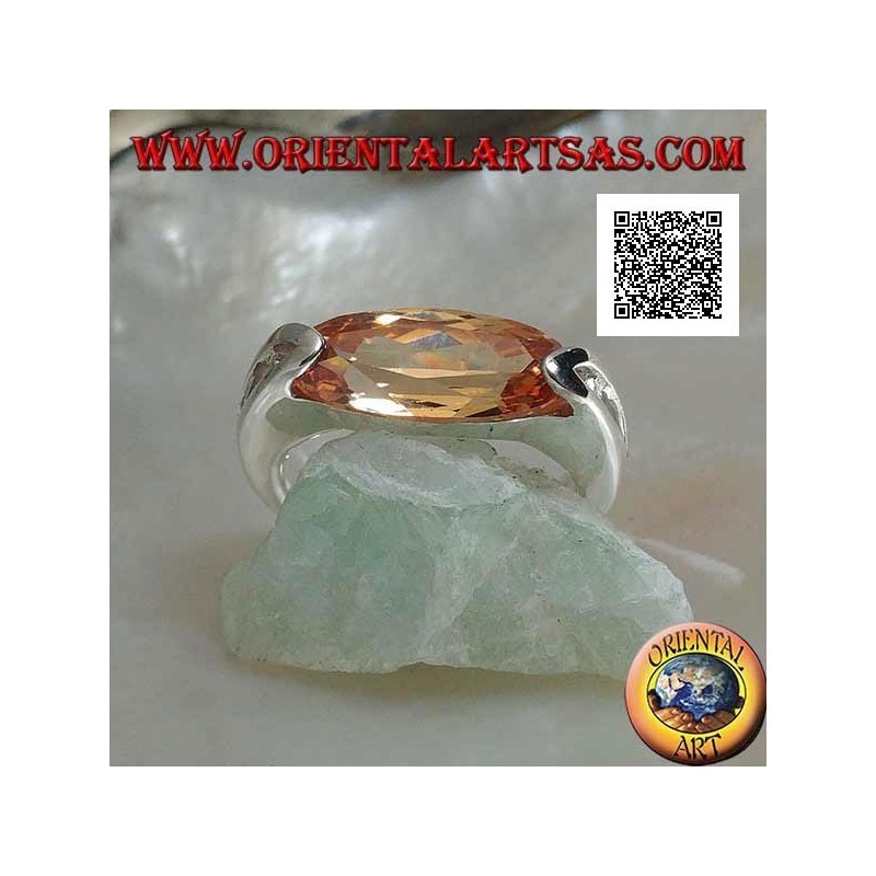 Anello in argento rodiato con zircone champagne ovale stretto sfaccettato agganciato lateralmente