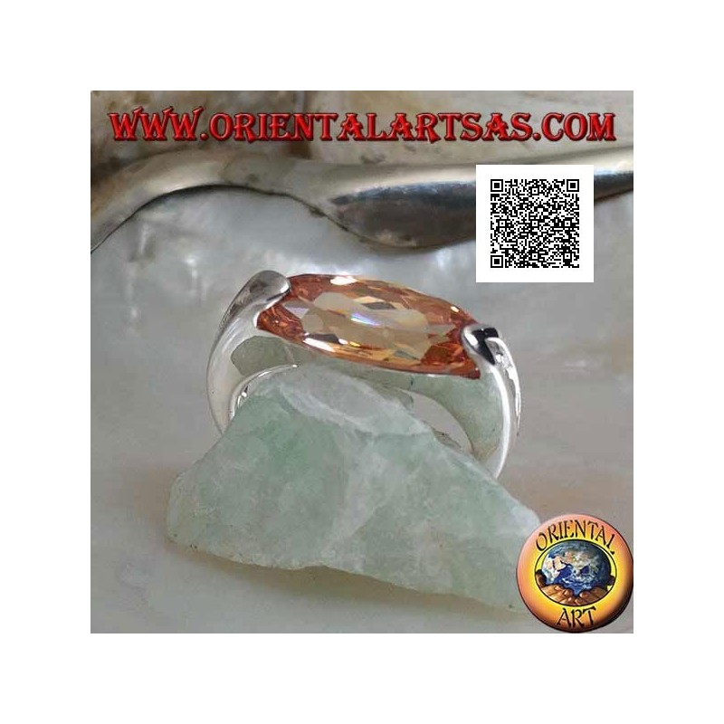 Rhodium silver ring with narrow oval faceted champagne zircon hooked on the side