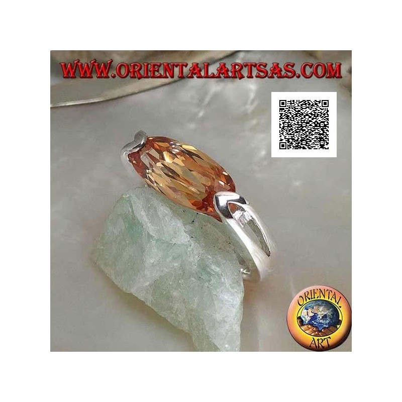 Anello in argento rodiato con zircone champagne ovale stretto sfaccettato agganciato lateralmente