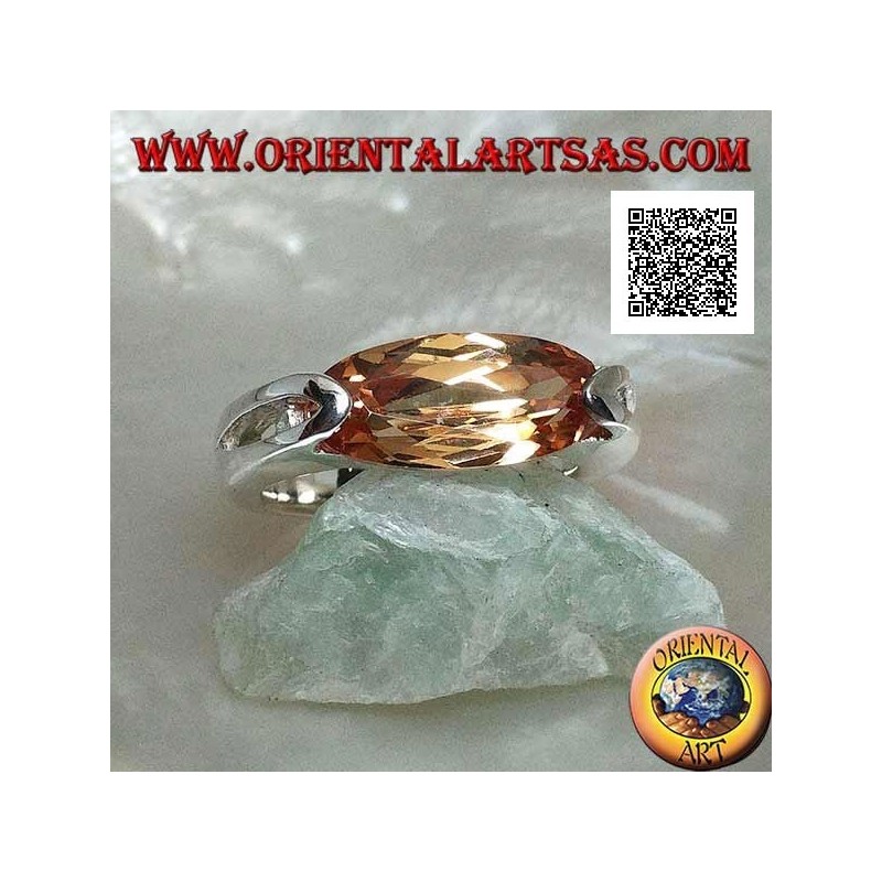 Rhodium silver ring with narrow oval faceted champagne zircon hooked on the side