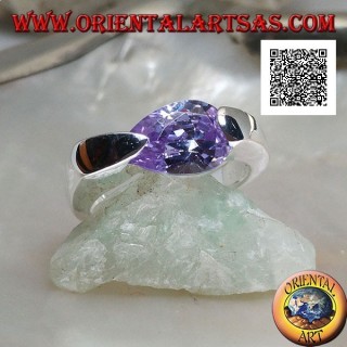 Rhodium-plated silver ring with faceted teardrop amethyst-colored zircon attached to the side