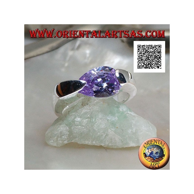 Rhodium-plated silver ring with faceted teardrop amethyst-colored zircon attached to the side