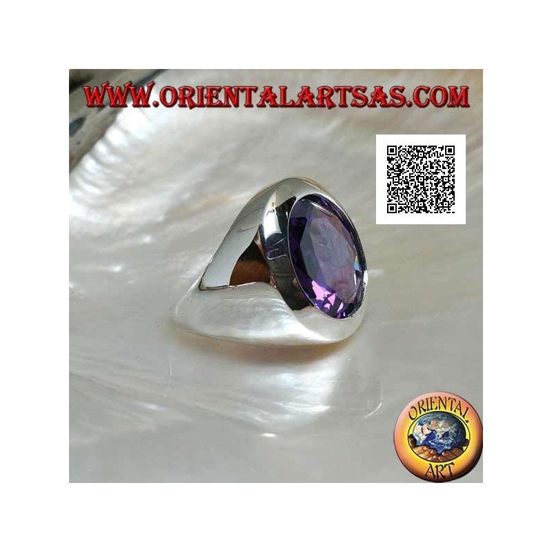 Rhodium-plated silver ring with faceted round cut amethyst-colored zircon and smooth edge