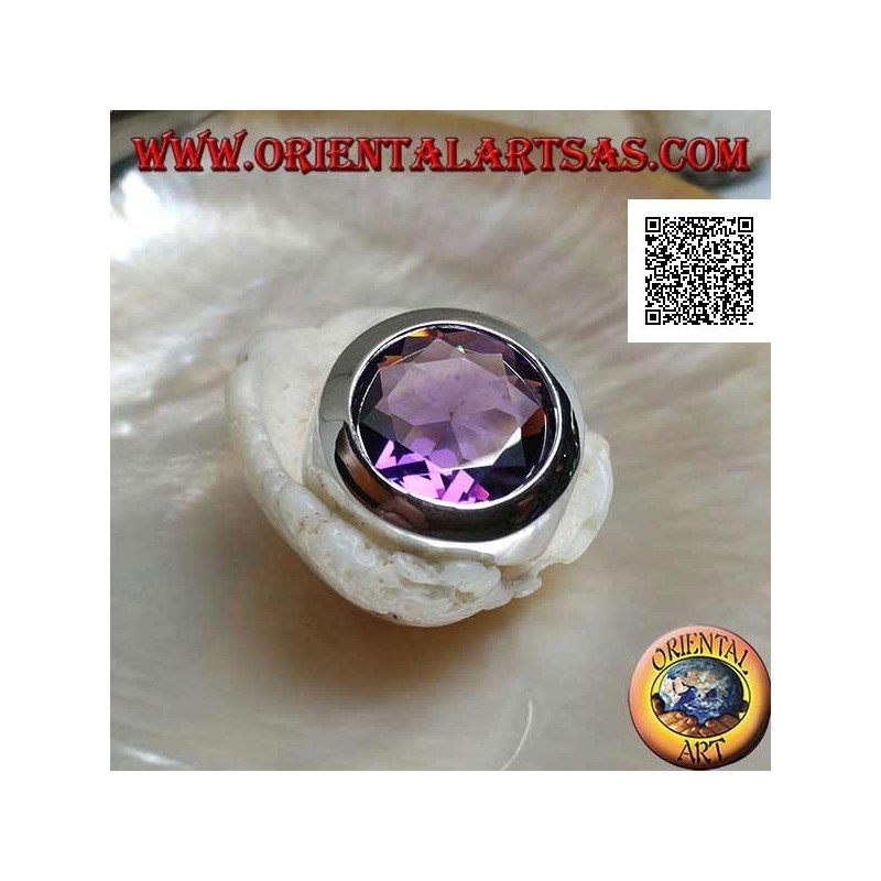 Rhodium-plated silver ring with faceted round cut amethyst-colored zircon and smooth edge