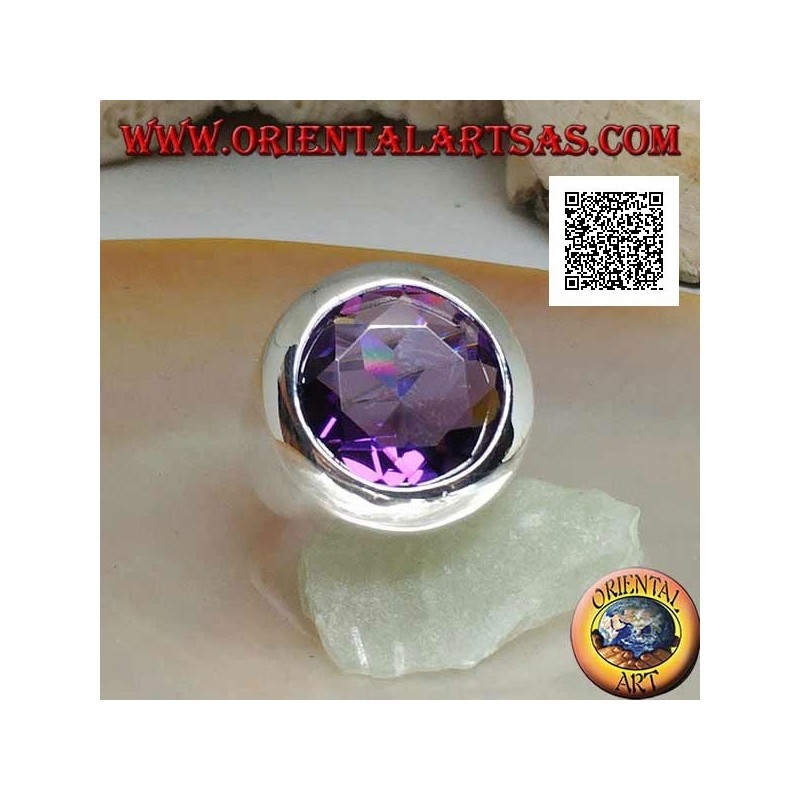Bague en argent rhodié avec zircon rond facetté couleur améthyste et bord lisse