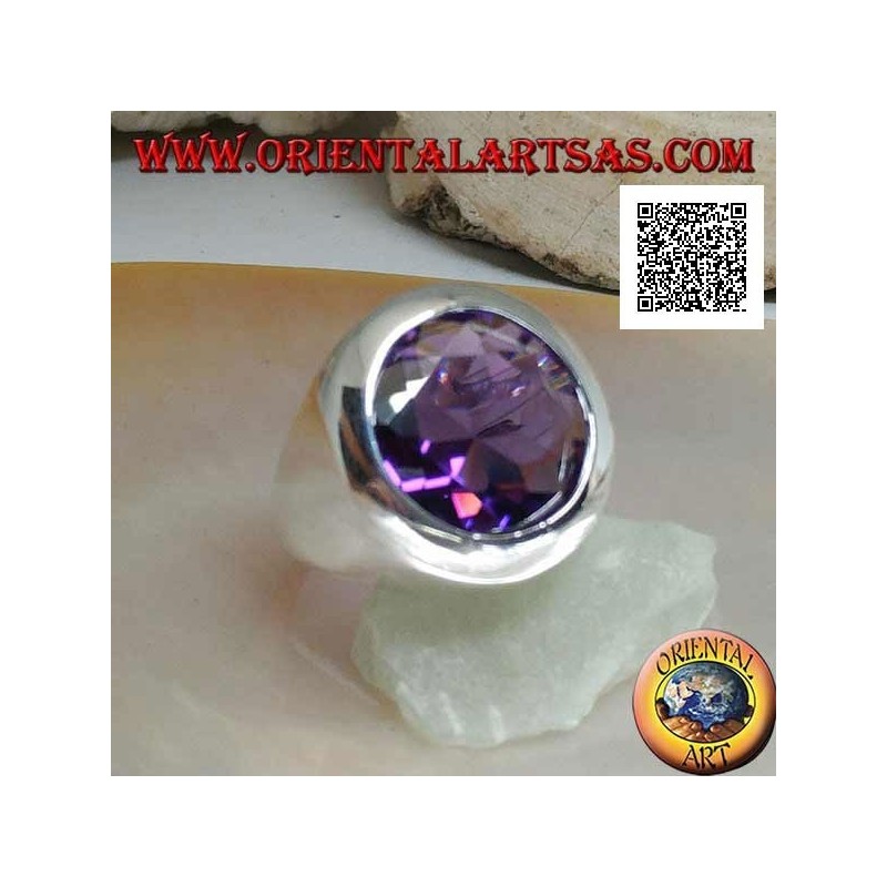 Bague en argent rhodié avec zircon rond facetté couleur améthyste et bord lisse