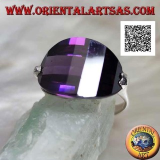 Rhodium-plated silver ring with rounded oval amethyst-colored zircon attached to the side