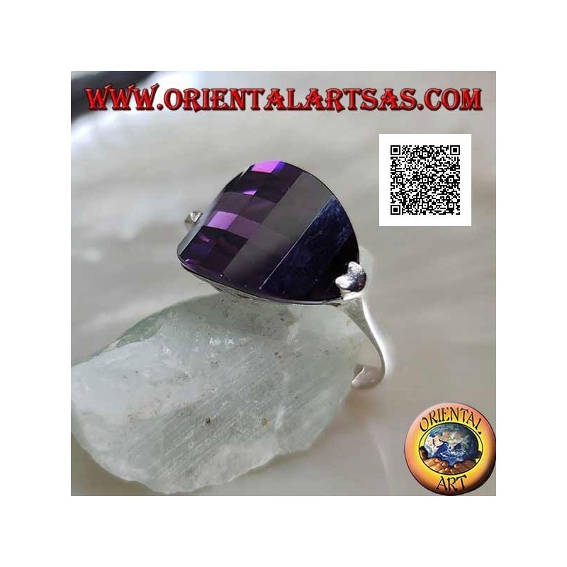 Rhodium-plated silver ring with rounded oval amethyst-colored zircon attached to the side