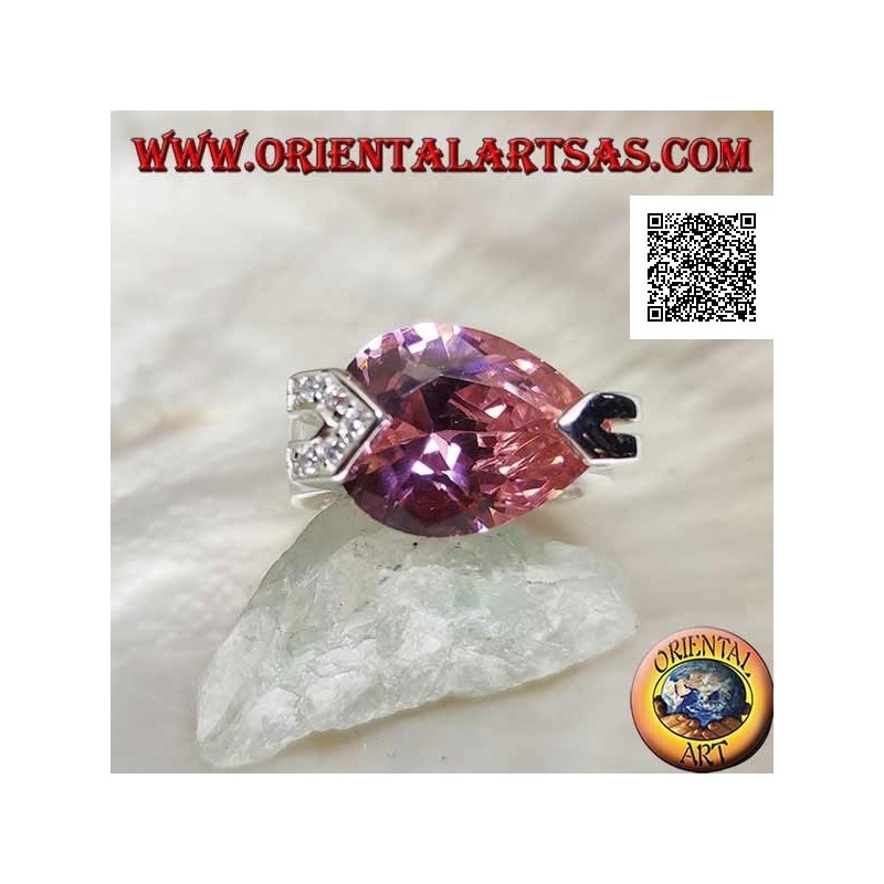 Rhodiumsilberring mit facettiertem rosa Tränenzirkon mit weißen Zirkonen an einem Haken
