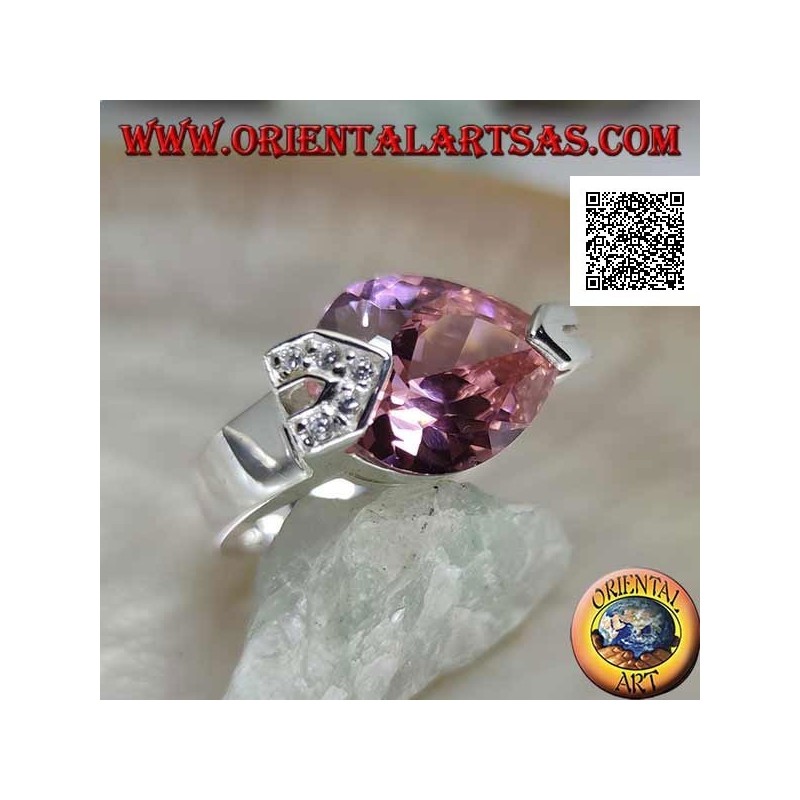 Rhodium silver ring with faceted pink teardrop zircon with white zircons on a hook