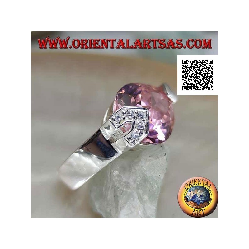Rhodium silver ring with faceted pink teardrop zircon with white zircons on a hook