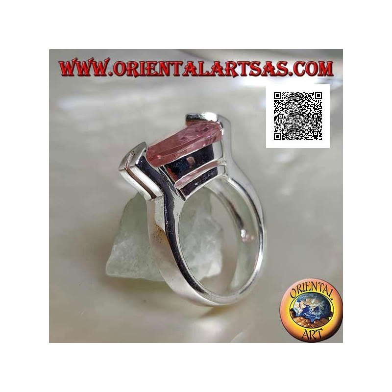 Rhodiumsilberring mit facettiertem rosa Tränenzirkon mit weißen Zirkonen an einem Haken