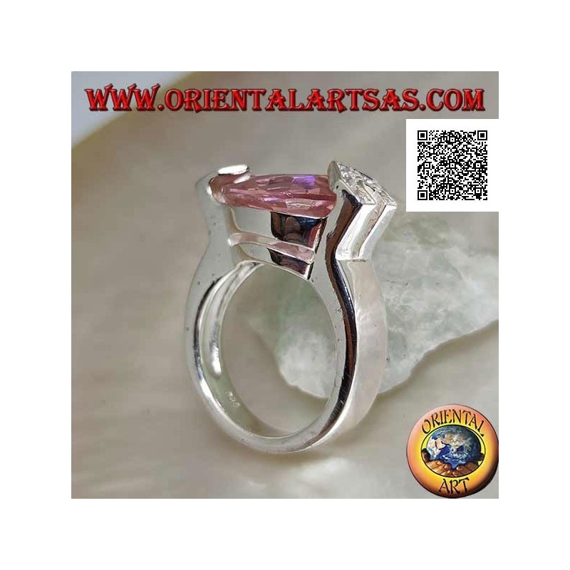 Rhodium silver ring with faceted pink teardrop zircon with white zircons on a hook