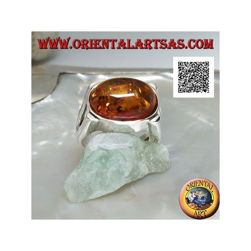 Silver ring with oval cabochon amber crosswise on smooth setting with lateral opening
