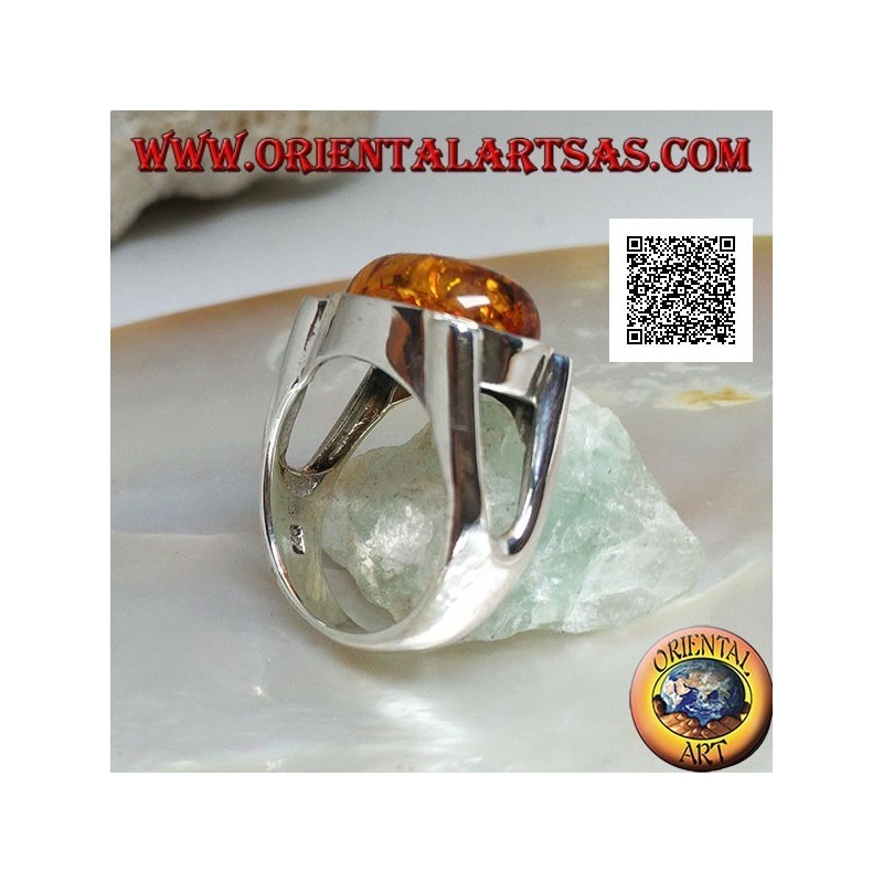 Bague en argent avec cabochon ovale ambre en croix sur serti lisse avec ouverture latérale