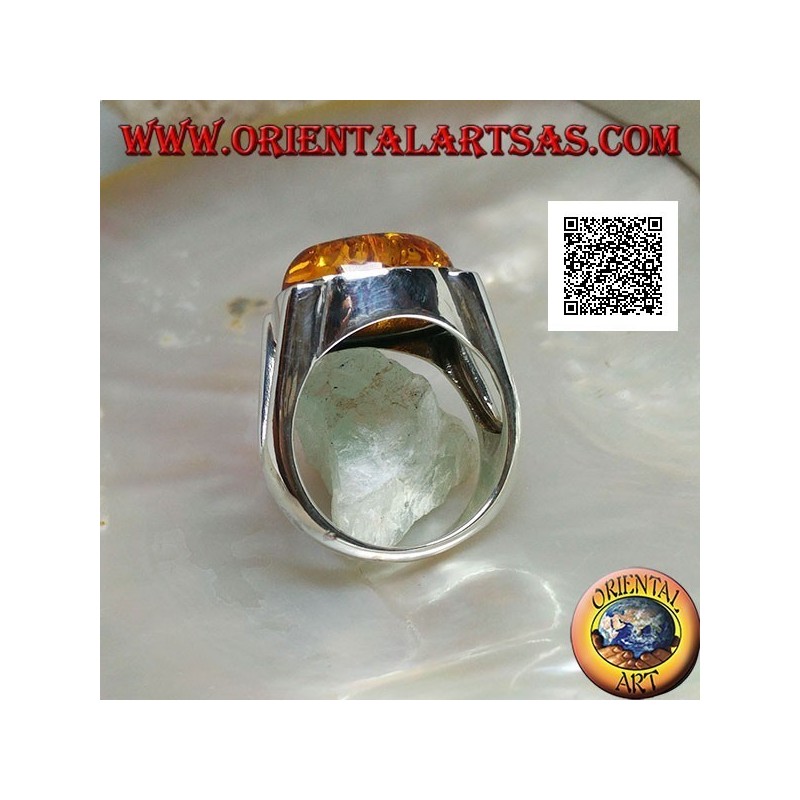 Silberring mit ovalem Cabochon Bernstein quer bei glatter Einstellung mit seitlicher Öffnung