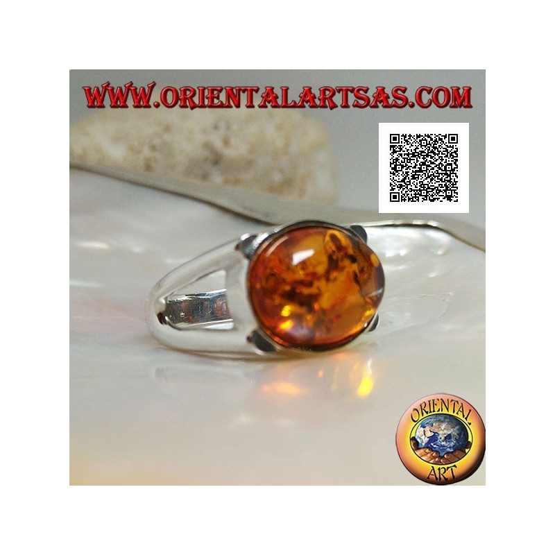 Silver ring with oval cabochon amber crosswise on smooth setting with lateral opening