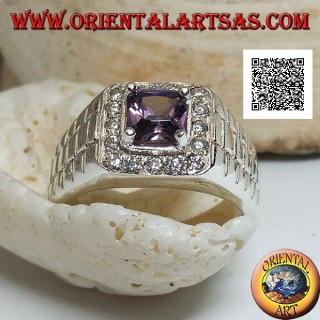 Bague en argent rhodié en maillons de montre avec zircon améthyste serti entouré de zircons blancs