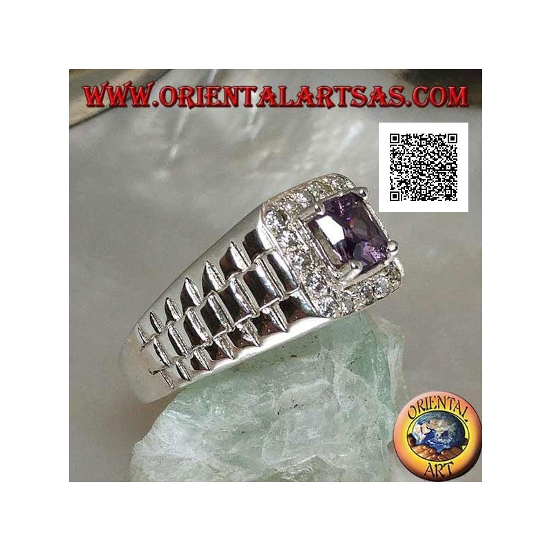 Ring in rhodium-plated silver in watch link with amethyst-colored zircon set surrounded by white zircons