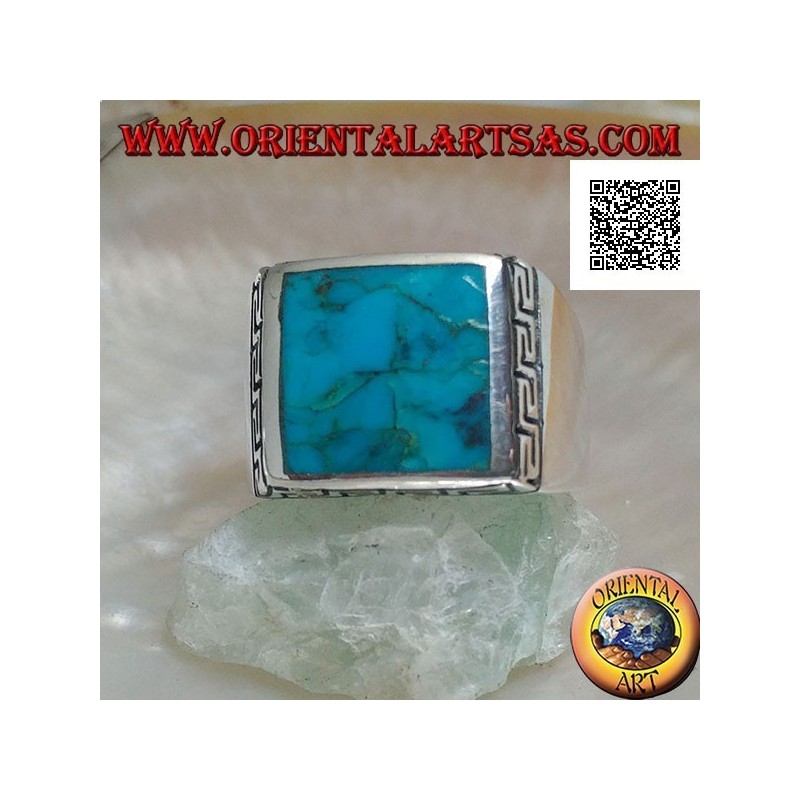 Silver ring with natural square turquoise surrounded by a Greek engraving (24)
