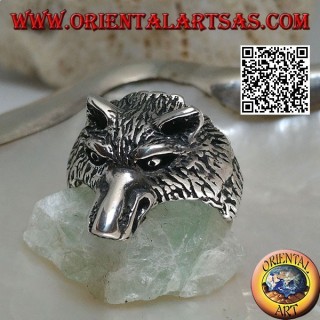 Anillo de plata, cabeza de lobo ártico o lobo de nieve masivo (mediano)