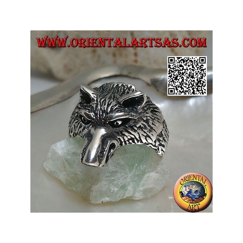 Anillo de plata, cabeza de lobo ártico o lobo de nieve masivo (mediano)