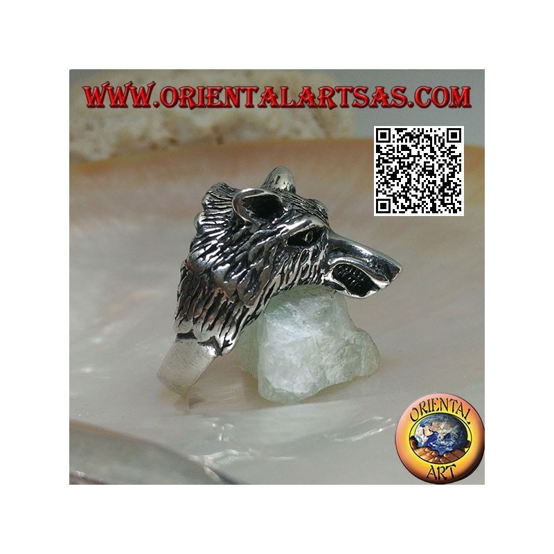 Bague en argent, tête de loup arctique ou loup des neiges massif (moyen)