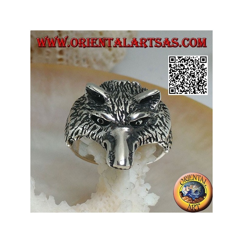 Bague en argent, tête de loup arctique ou loup des neiges massif (moyen)